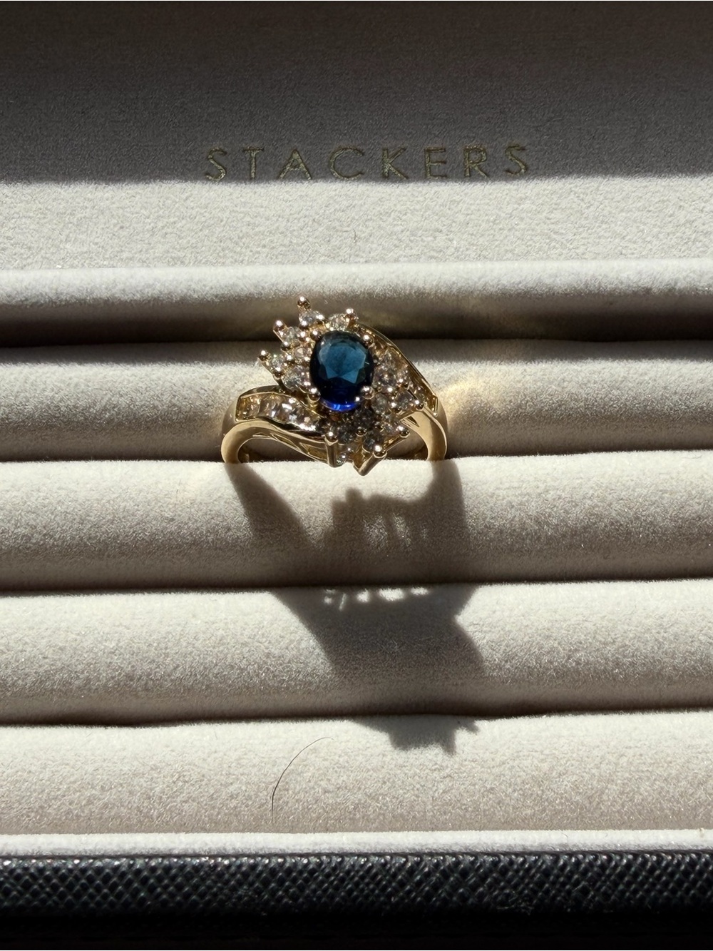 Dark Blue Oval Cluster Bypass Cocktail Ring